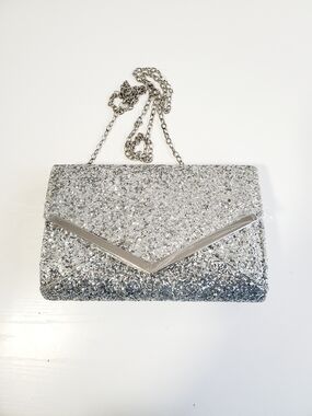 Silver Glitter Envelope Clutch with Chain Strap - Women Bags